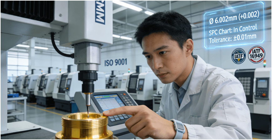 A quality control engineer in a clean manufacturing environment performs a precise dimensional inspection on a brass CNC turned component using a Coordinate Measuring Machine (CMM), with real-time SPC data displayed.



