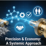 Conceptual 3D illustration showing the transformation from brass raw material to a precision CNC turned part, integrated with icons for material science, quality control, and collaboration, overlaid with the text “Precision & Economy: A Systemic Approach”.