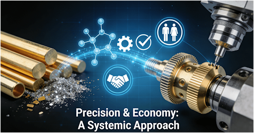 Conceptual 3D illustration showing the transformation from brass raw material to a precision CNC turned part, integrated with icons for material science, quality control, and collaboration, overlaid with the text “Precision & Economy: A Systemic Approach”.