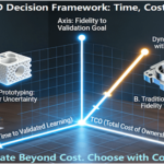 A modern war room table features a central 3D coordinate system with axes for Time, Cost, and Fidelity. A 3D-printed part sits near the Rapid/Fast end, and a CNC-machined metal part near the Traditional/High-Fidelity end, with a glowing path connecting them to illustrate the dynamic project-based selection process.