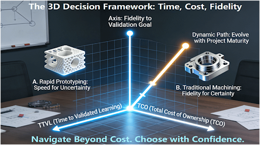A modern war room table features a central 3D coordinate system with axes for Time, Cost, and Fidelity. A 3D-printed part sits near the Rapid/Fast end, and a CNC-machined metal part near the Traditional/High-Fidelity end, with a glowing path connecting them to illustrate the dynamic project-based selection process.